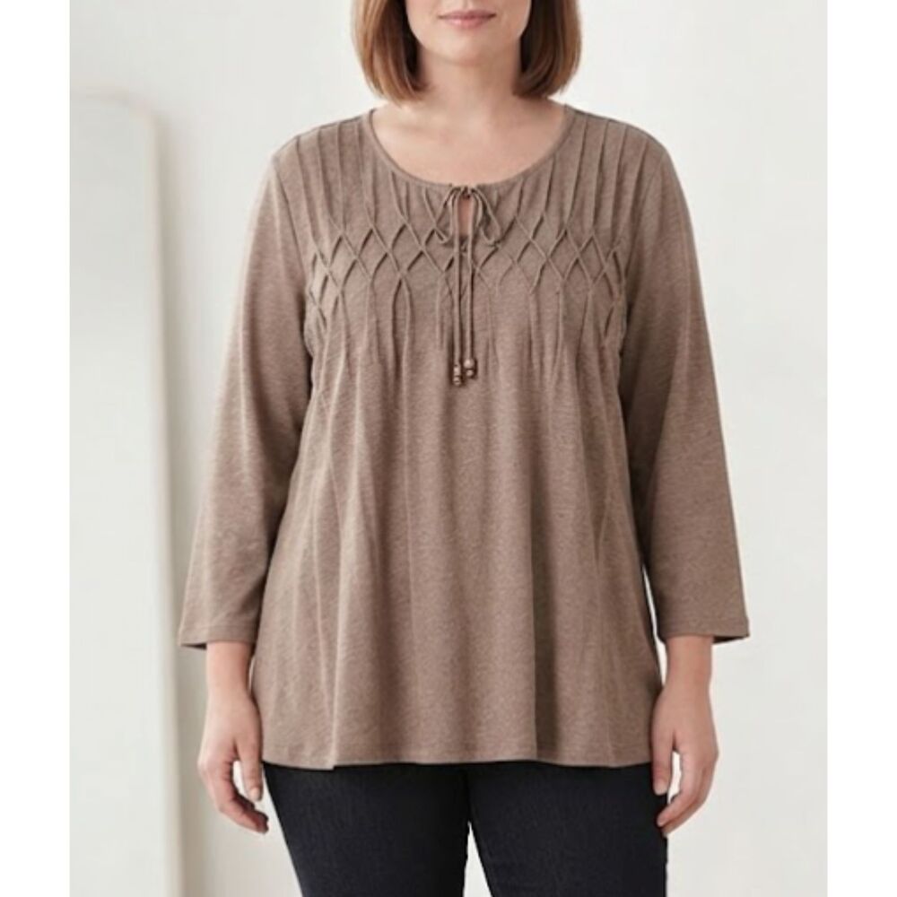 Chico's Brown Top Pintuck Geometric Pattern Tie at Scoop Neck Size XXL NWT!